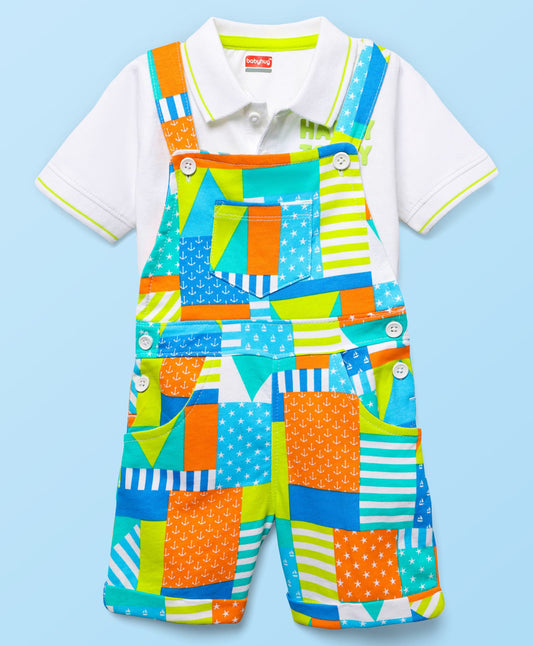 FirstCry Babyhug 100 Percent Cotton Single Jersey Knit Half Sleeves Polo T-Shirt and Dungaree With Nautical Print White