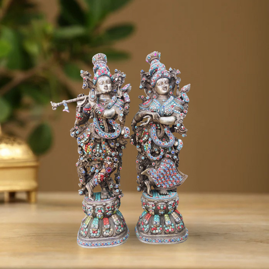 Brass Radha Krishna Stone Silver Antique 16.66Kg - PUSHMYCART