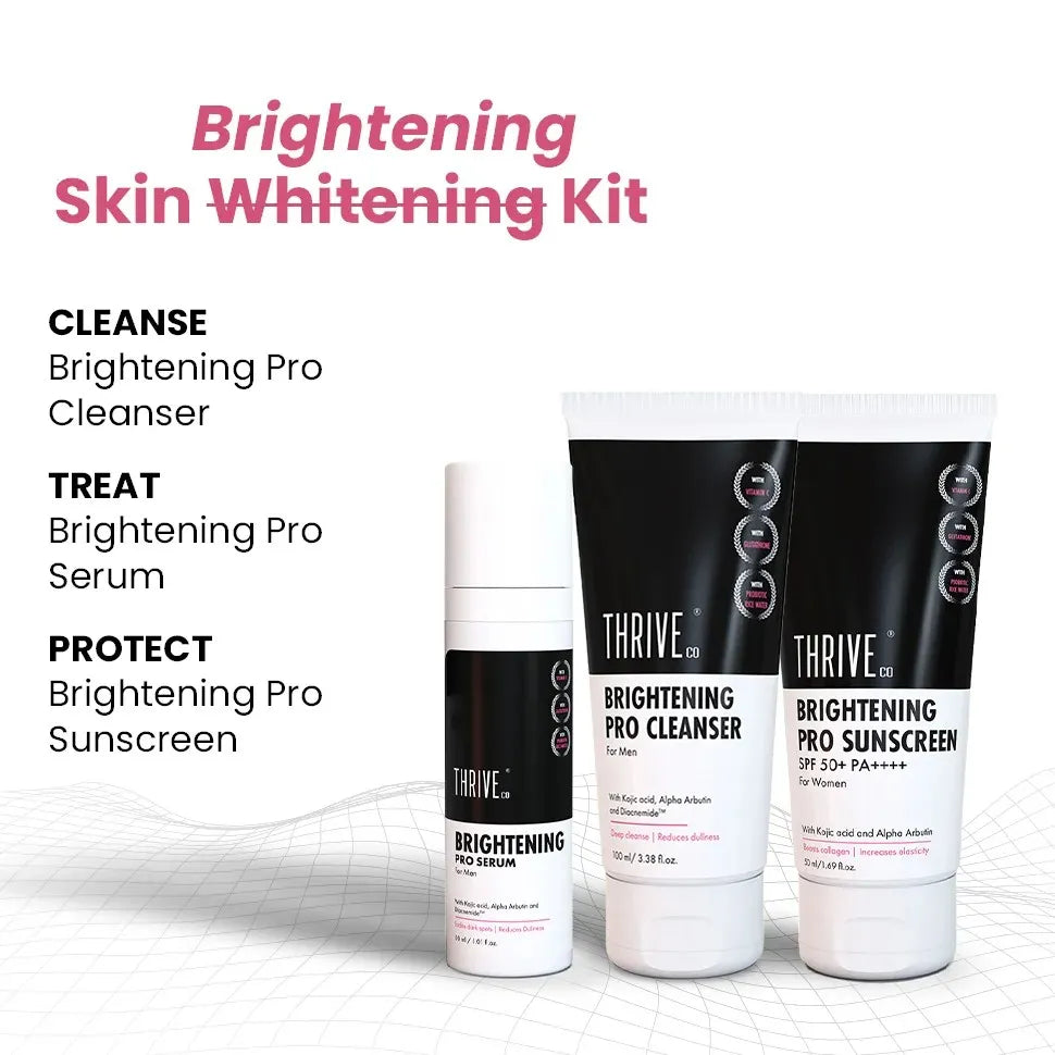 Thriveco Brightening Pro Kit for Men with cleanser, serum, and sunscreen bottles displayed.