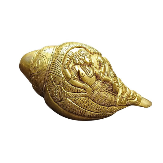 Tamas Brass Shankh with Vishnu Carving Antique (Golden) (3 Inches)