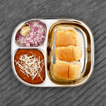Vinod Stainless Steel 3 Compartment Plate with Round Edges, Pav Bhaji Plates, Idli Sambhar Breakfast Plate, Lunch / Dinner Plate [Pack of 2] - view 14