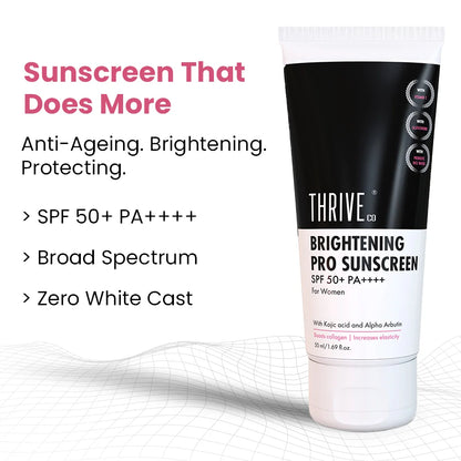 ThriveCo Women Brightening Sunscreen SPF 50++++. Protects, brightens, and enhances collagen without white cast.
