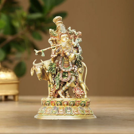 Brass Krishna With Cow Big Idol 8.26Kg - PUSHMYCART