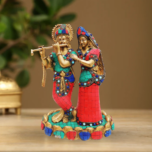 Brass Radha Krishna Base Stone Work Idol 4.364Kg - PUSHMYCART