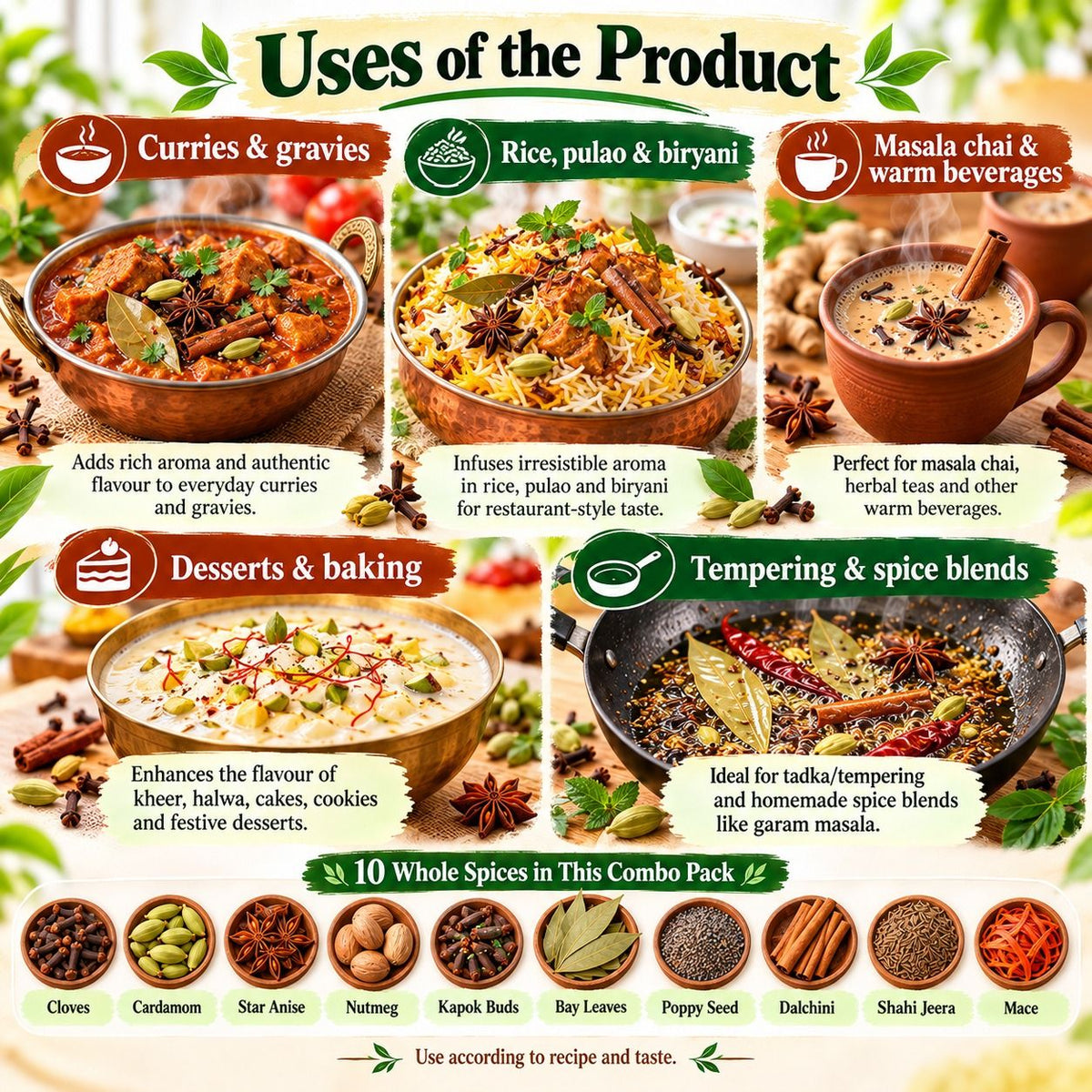 Uses of the whole spices combo pack in cooking