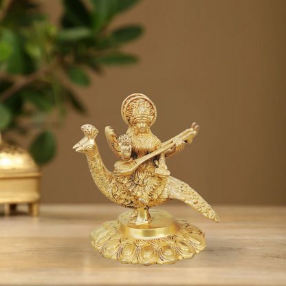 Brass Saraswati On Peacock 1.44Kg - PUSHMYCART