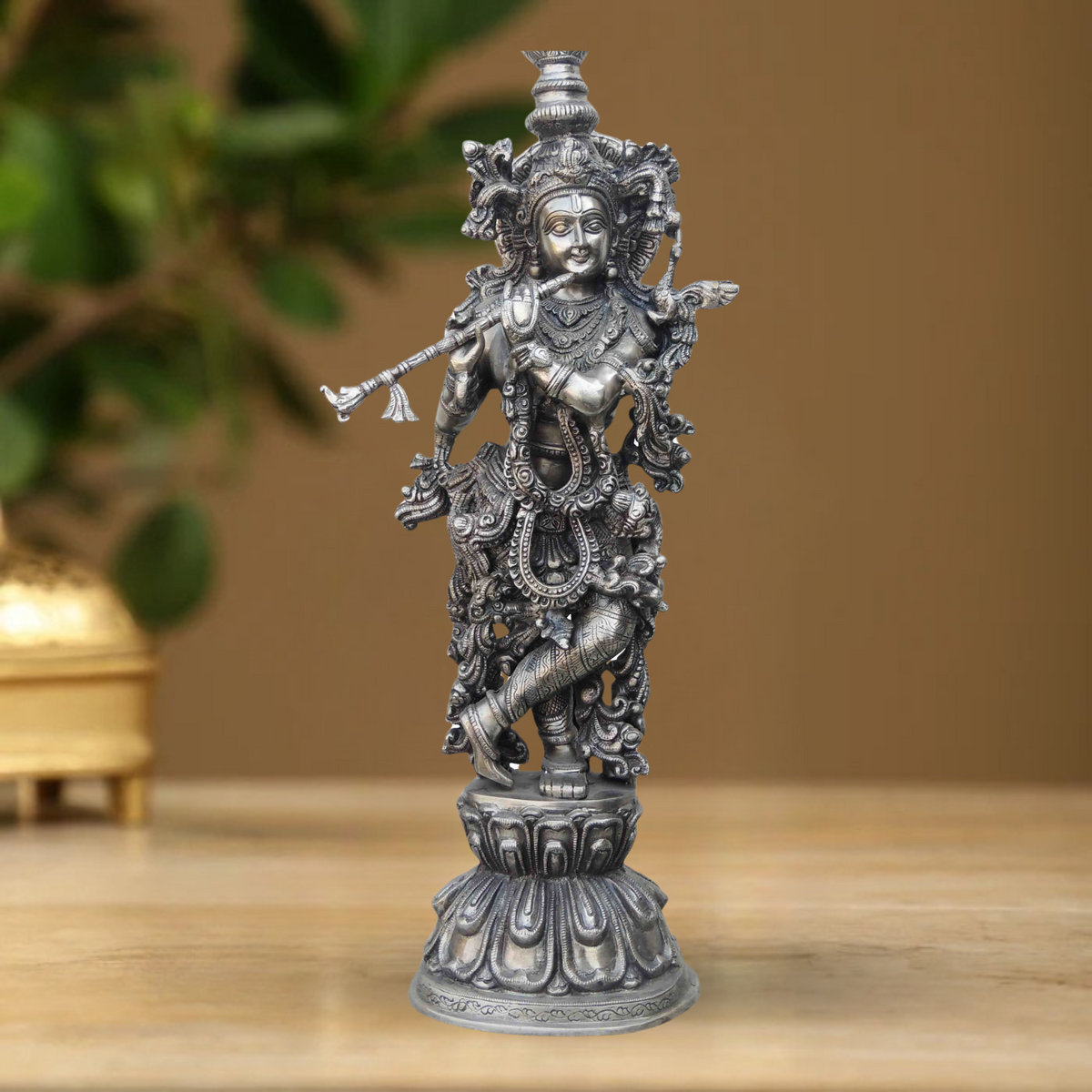 Brass Krishna Statue With Silver Antique Finish 11.335Kg - PUSHMYCART