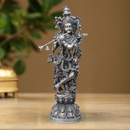 Brass Krishna Statue With Silver Antique Finish 11.335Kg - PUSHMYCART