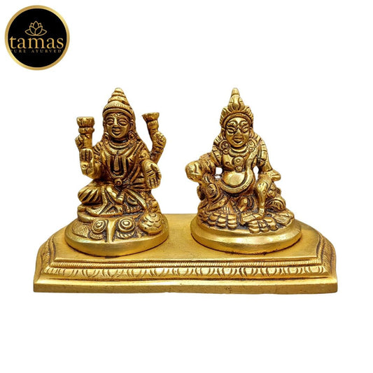 Tamas Brass Goddess Lakshmi and Lord Kuber Statue/Idol (Golden) (3 Inches)