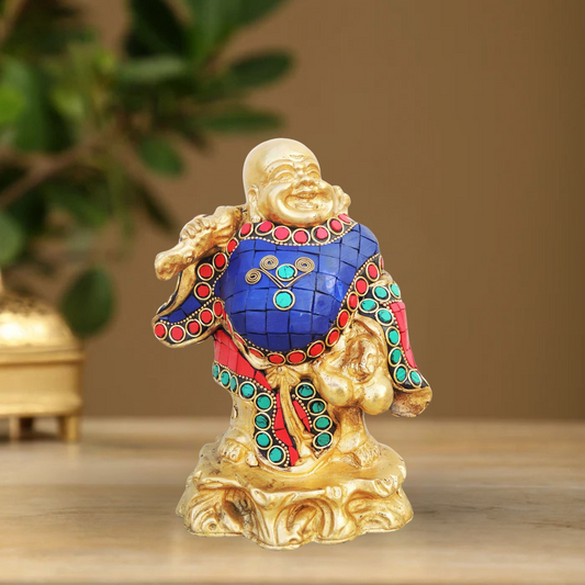 Brass Laughing Budha With Turquoise Coral 2.475Kg - PUSHMYCART
