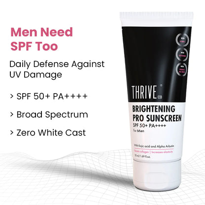 ThriveCo Sunscreen for Men SPF 50 Brightening Pro PA, offering broad-spectrum UV defense and skin brightening.