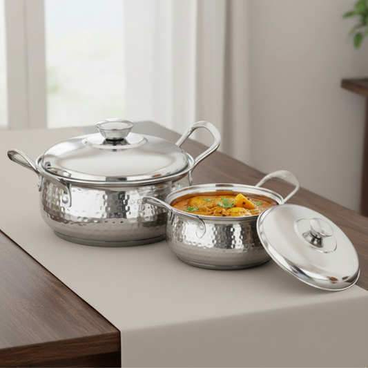 Vinod Stainless Steel Milano Hammered Serving Casserole with Steel Lids & Side Handles, Set of 2 - 1230 ml, 1630 ml, High Grade Steel, Rust Free - view 2