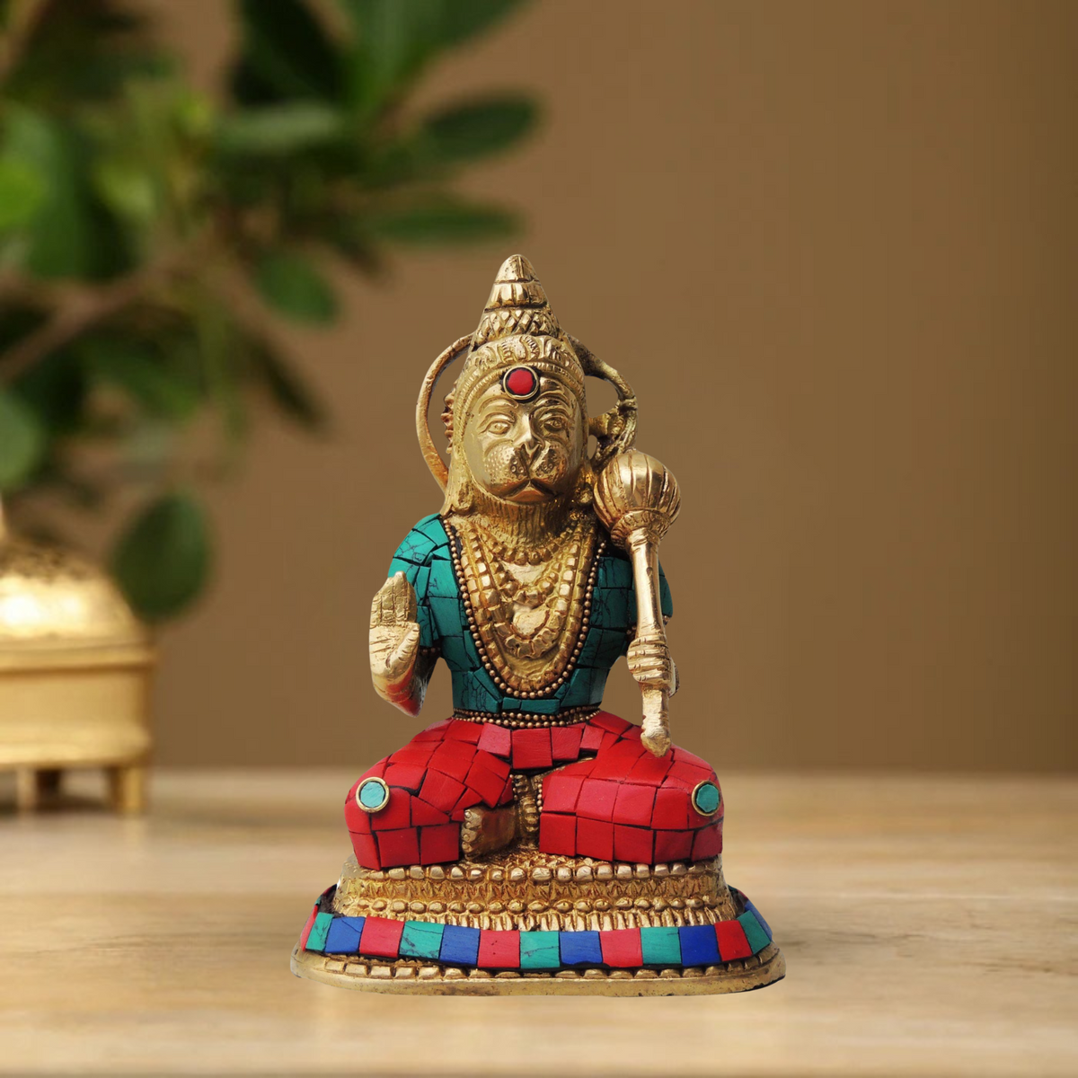Brass Hanuman With Turquoise Coral Statue 1.346Kg - PUSHMYCART