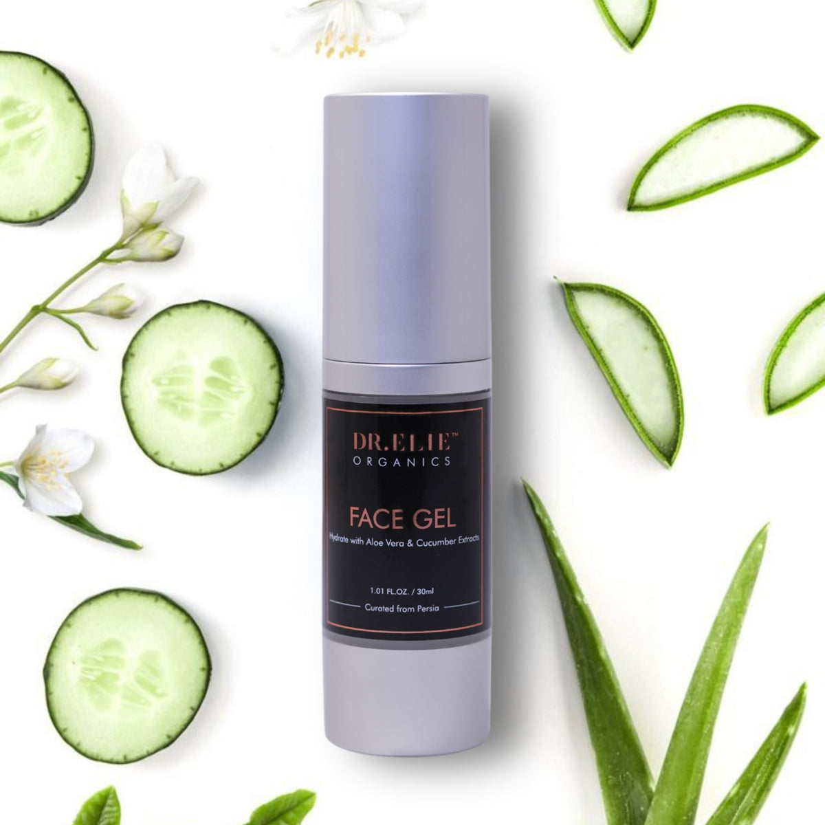 Dr. Elie Organics Hydrating & Refreshing Face Gel bottle with aloe vera and cucumber leaf elements. - Image 2