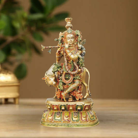 Brass Krishna With Cow Big Idol 15Kg - PUSHMYCART