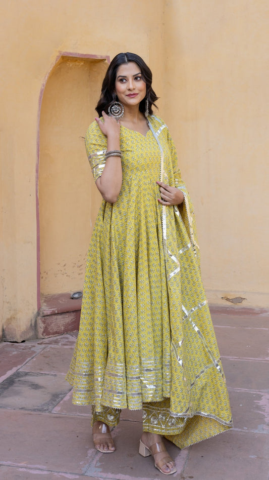 Yellow Booti Gotta Jaal Cotton Anarkali Set