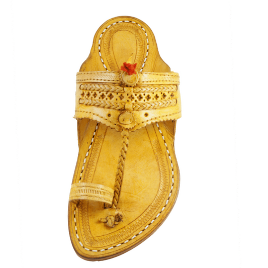 Vhaanfootwear Yellow Pure Leather Kapashi Kolhapuri Chappal - intricate handstitched detailing
