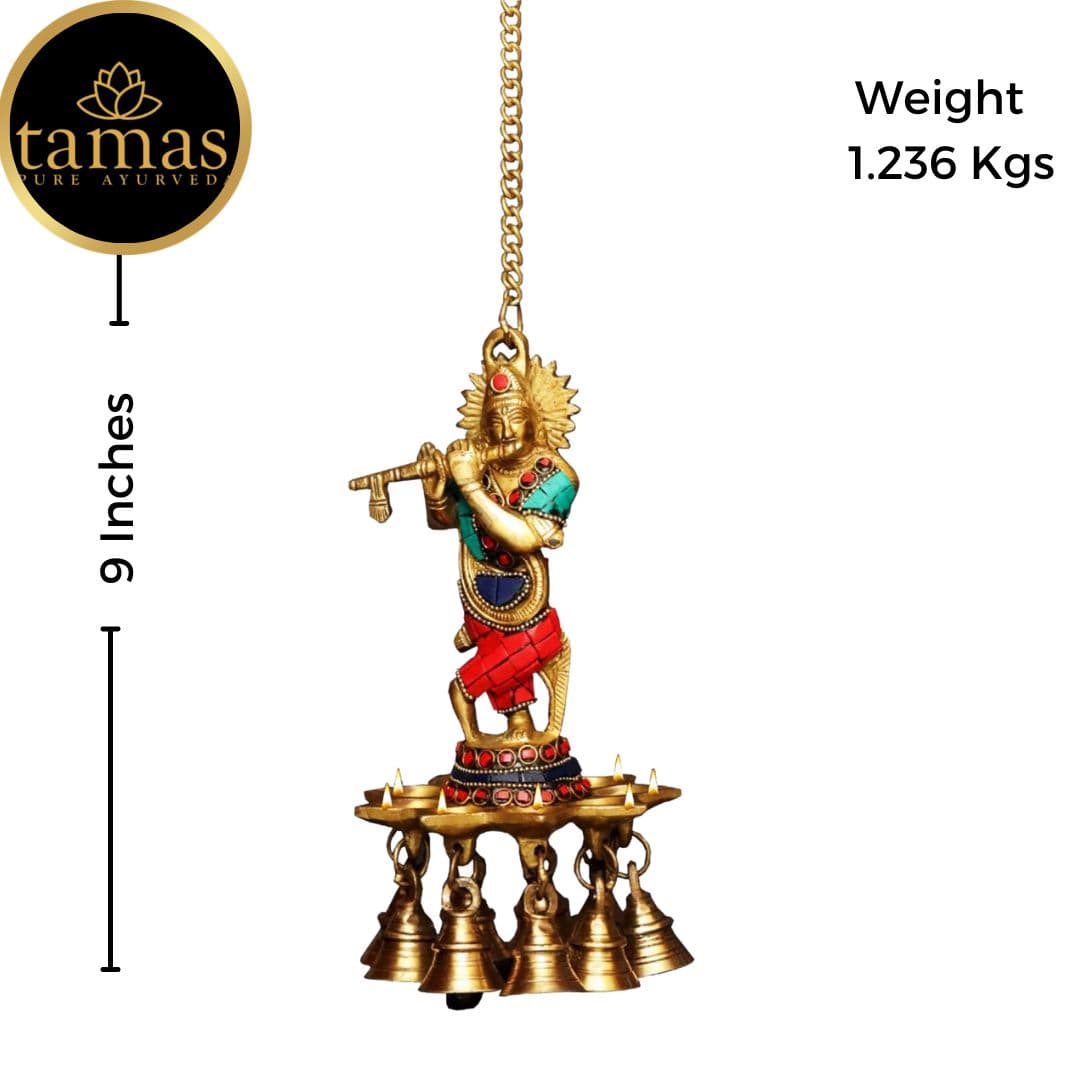 Tamas Brass Krishna Wall Hanging Diya Oil Lamp With Bells (Multicolor) - PUSHMYCART