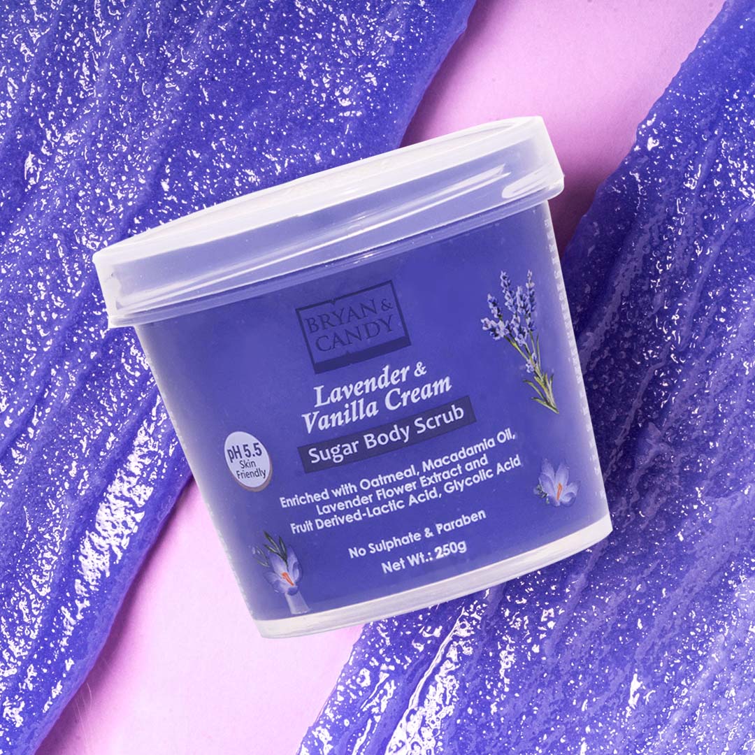 Bryan & Candy Lavender and Vanilla Sugar Body Scrub, a luxurious exfoliator for smooth, radiant skin.