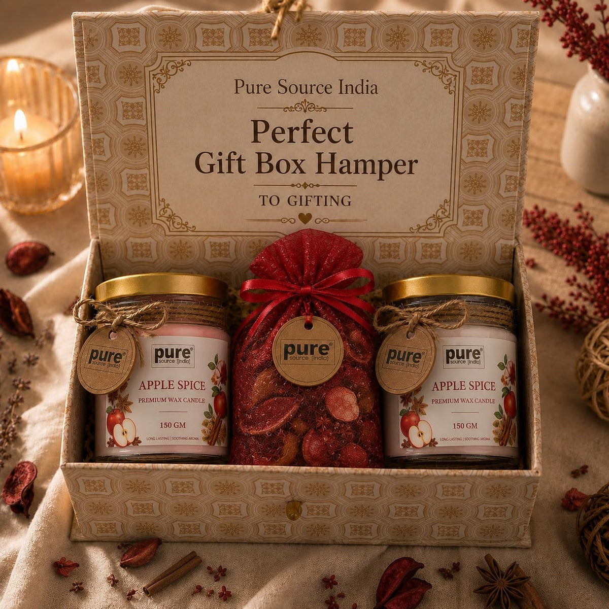 Pure Source India Luxury Festive Gift Box Hamper Apple Spice Candles and Red Potpourri