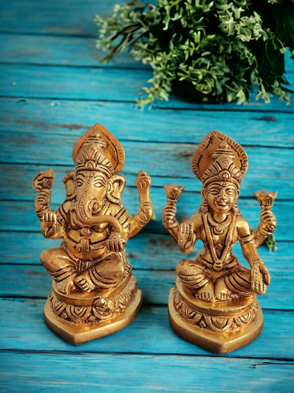 Tamas Brass Lakshmi Ganesh Statue/Idol (4 Inch) (Golden)