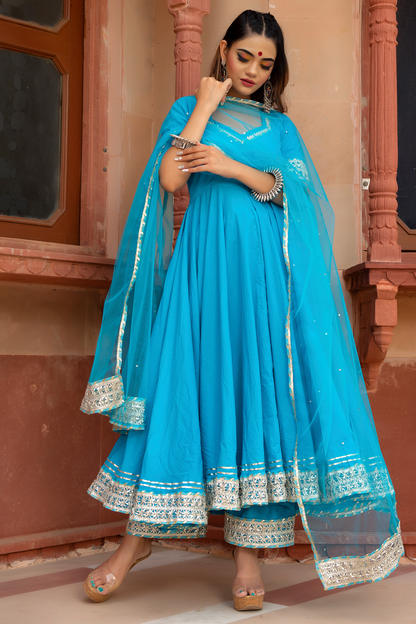 Kalamkari Blue Pure Cotton Anarkali Set With Soft Net Dupatta