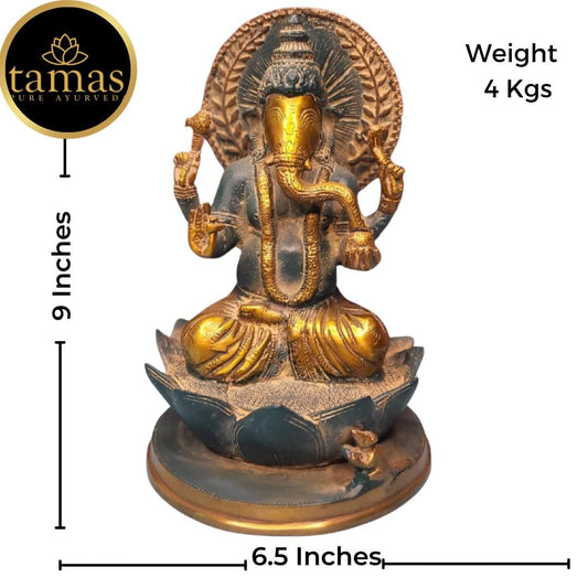 Tamas Brass Handcrafted Lord of Prosperity and Fortune Ganesha Statue Sitting on Lotus  Statue / Idol with Antique Finish (Multicolour) (Pack of 1) - PUSHMYCART