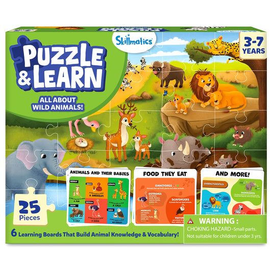 Skillmatics Puzzle and Learn Wild Animals 25-Piece Jigsaw Puzzle with 6 Learning Boards Ages 3 to 7