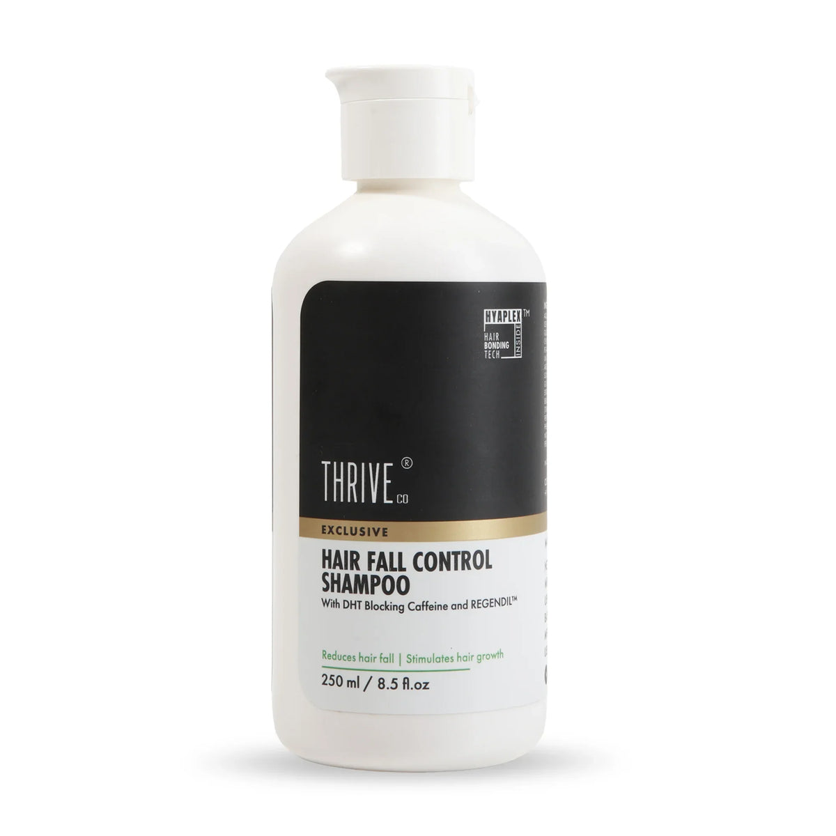 Thriveco Exclusive Hair Fall Control Shampoo bottle with Hyaplex, Caffeine, and REGENDIL, shown on a clean background.