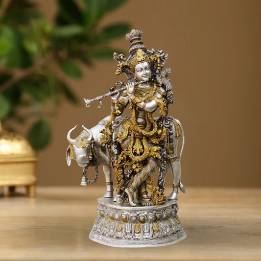 Brass Krishna With Cow Idol 32.56Kg - PUSHMYCART