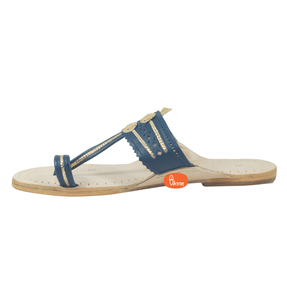 Vhaanfootwear Blue Leather Kolhapuri - texture of soft pure leather material on footbed