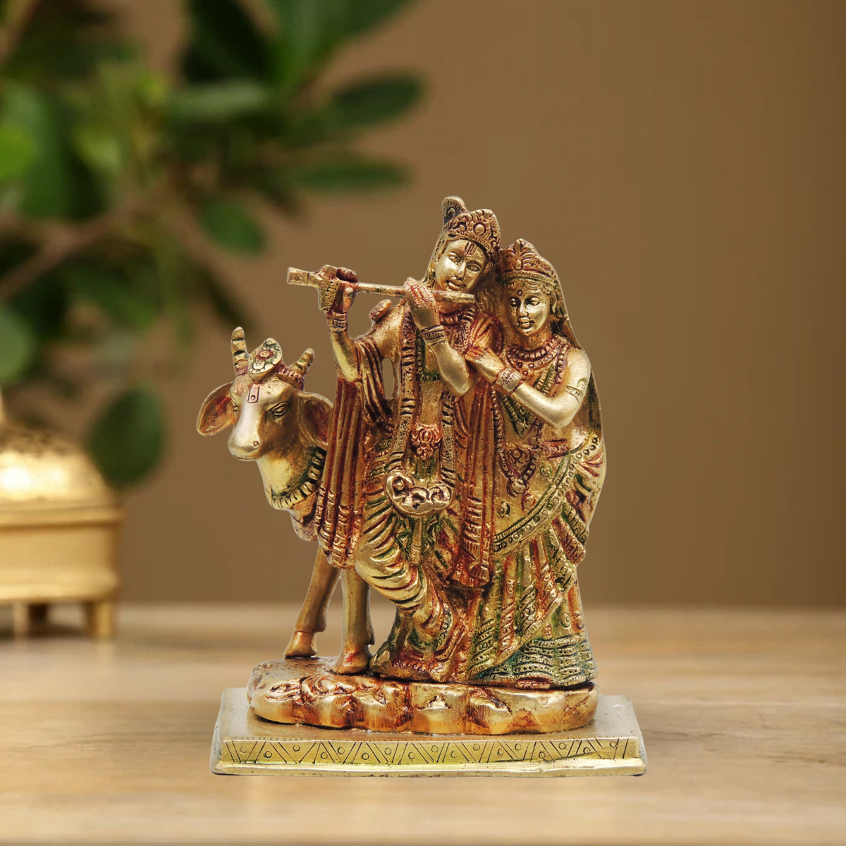 Brass Radha Krishna With Gaye God Statue 1.9Kg - PUSHMYCART