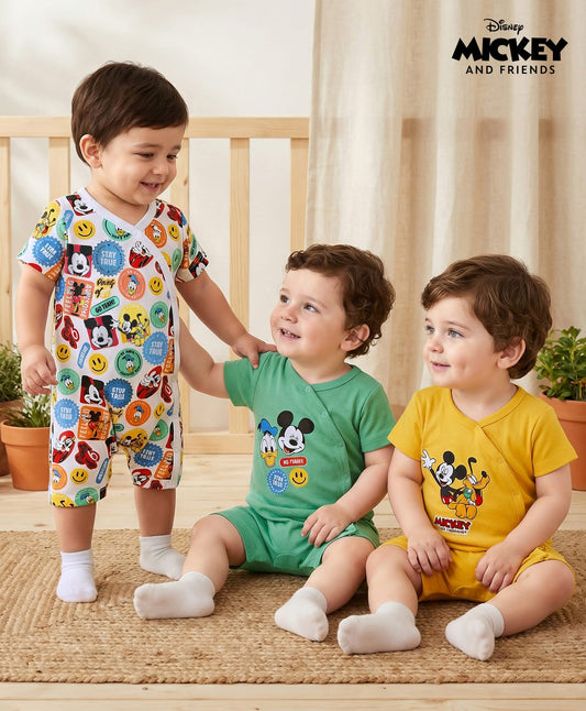 FirstCry Babyhug Disney Interlock Knit Half Sleeves Rompers with Mickey Mouse and Friends Print Pack of 3 White Green and Yellow