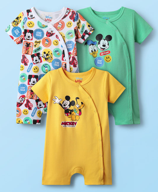 FirstCry Babyhug Disney Interlock Knit Half Sleeves Rompers with Mickey Mouse and Friends Print Pack of 3 White Green and Yellow