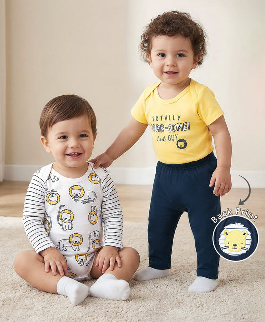 FirstCry Babyoye 100 Percent Cotton Knit 3 Piece Onesies With leggings Set With Lion and Text Print Yellow and Black
