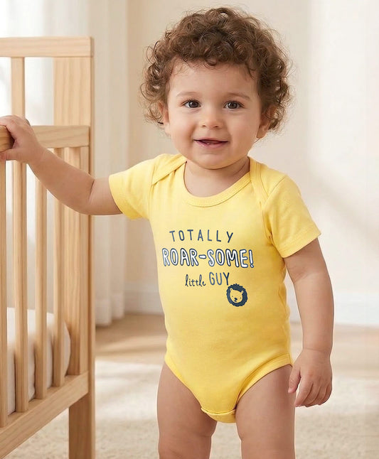 FirstCry Babyoye 100 Percent Cotton Knit 3 Piece Onesies With leggings Set With Lion and Text Print Yellow and Black