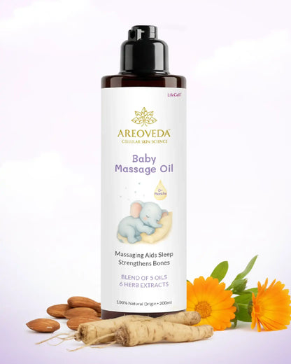 AreoVeda Baby Massage Oil bottle with natural ingredients on a light purple background