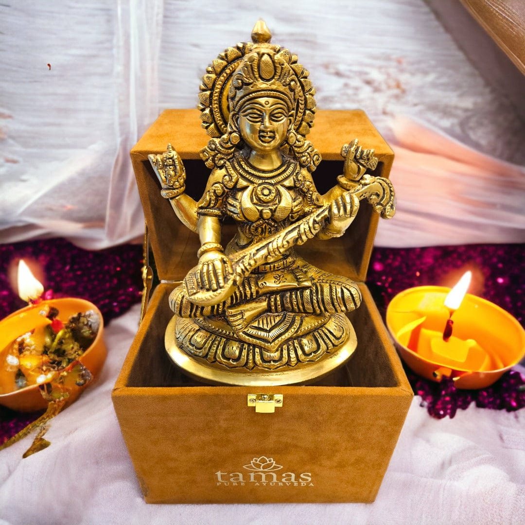 Tamas Brass Saraswati Statue (7.5 Inches)| Free Luxury Gift box