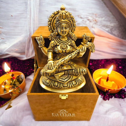 Tamas Brass Saraswati Statue (7.5 Inches)| Free Luxury Gift box