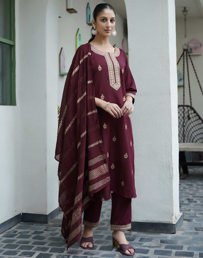 Sudathi Dark Brown Cotton Sequence Straight Kurta Set With Dupatta