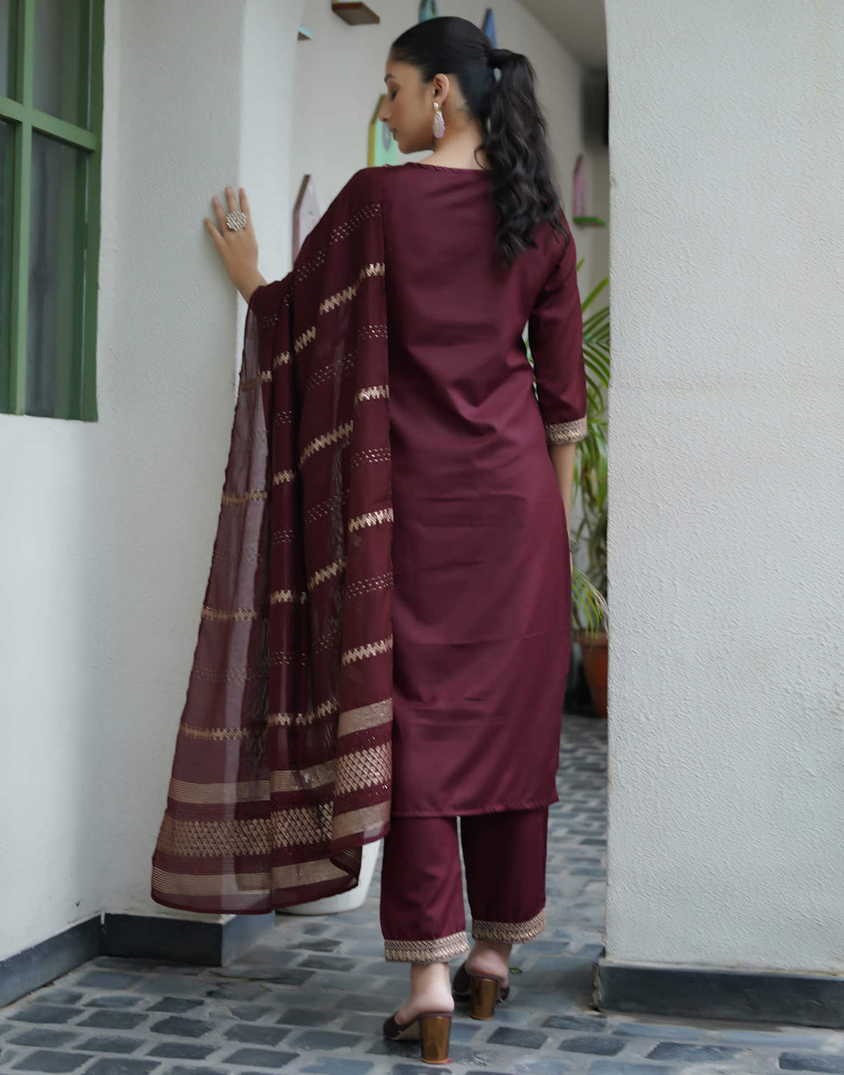 Sudathi Dark Brown Cotton Sequence Straight Kurta Set With Dupatta - PUSHMYCART
