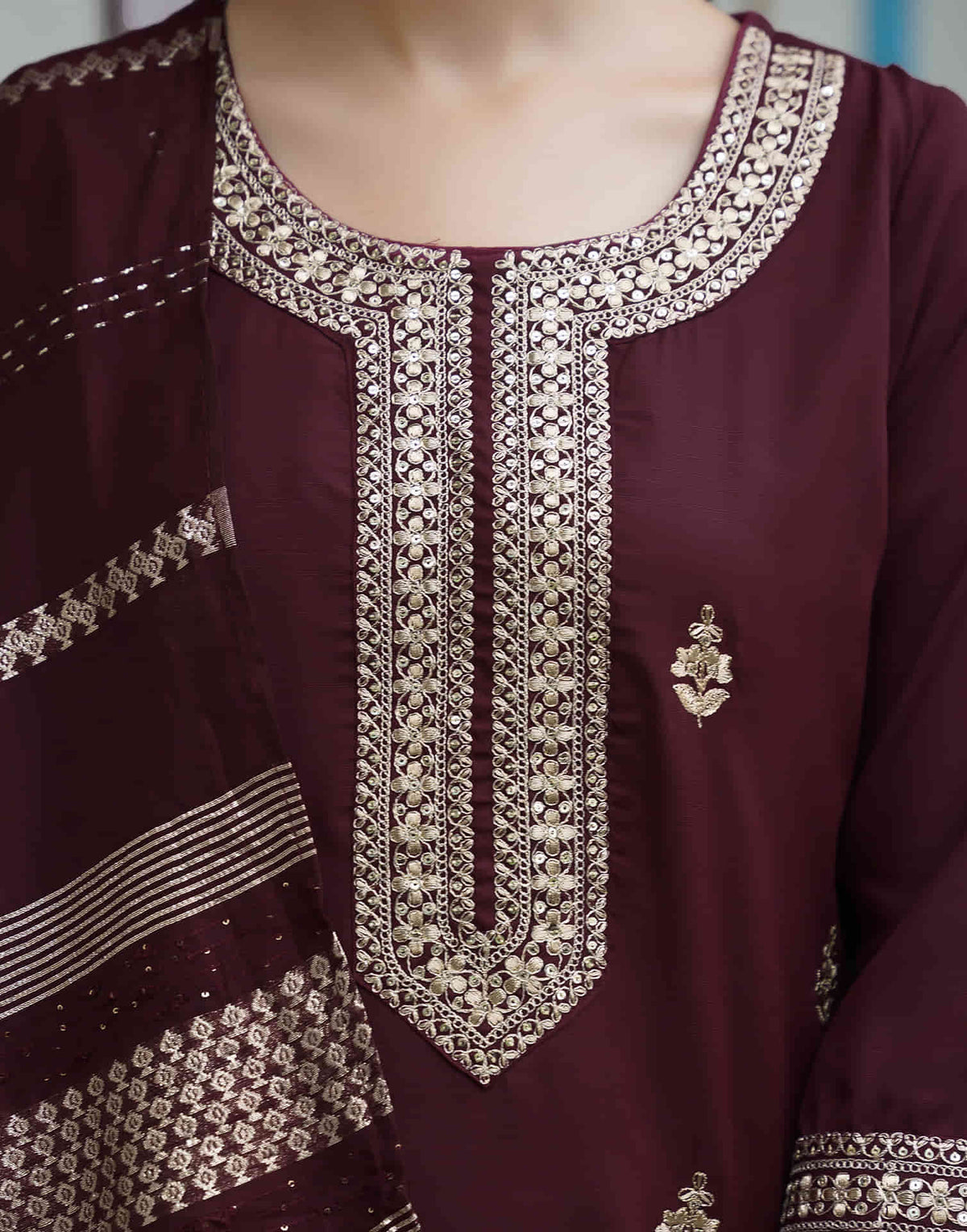 Sudathi Dark Brown Cotton Sequence Straight Kurta Set With Dupatta - PUSHMYCART