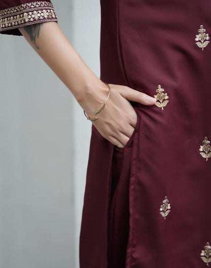 Sudathi Dark Brown Cotton Sequence Straight Kurta Set With Dupatta - PUSHMYCART