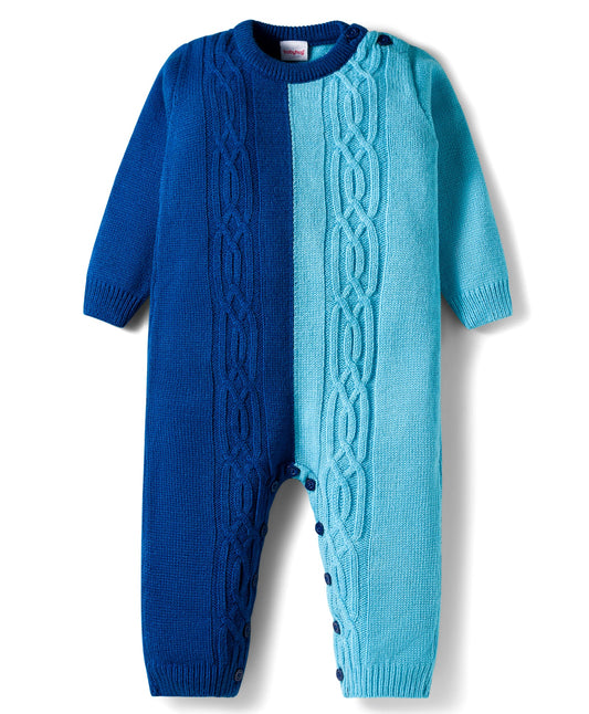 FirstCry Babyhug Knit Full Sleeves Winter Wear Color Block Romper With Knit Design Navy Blue and Light Blue