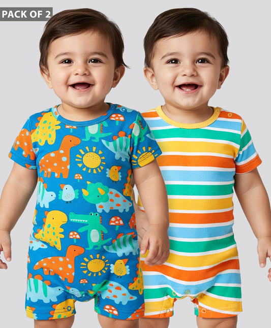 FirstCry Babyhug 100 Percent Cotton Knit Half Sleeves Striped and Dino Printed Rompers Pack of 2 Multicolour