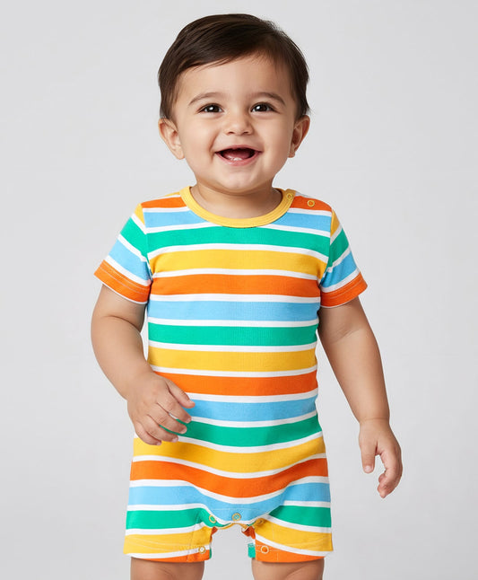 FirstCry Babyhug 100 Percent Cotton Knit Half Sleeves Striped and Dino Printed Rompers Pack of 2 Multicolour