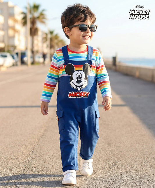 FirstCry Babyhug Disney Single Jersey Knit Full Sleeves Dungaree and Tee With Mickey Mouse Print Navy Blue