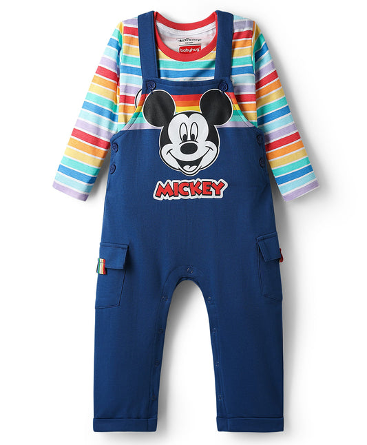 FirstCry Babyhug Disney Single Jersey Knit Full Sleeves Dungaree and Tee With Mickey Mouse Print Navy Blue
