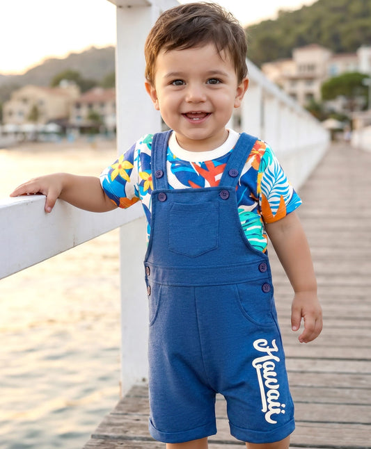 FirstCry Babyhug 100 Percent Cotton Single Jersey Knit Dungaree and Half Sleeves T-Shirt With Floral and Leaf Print Blue