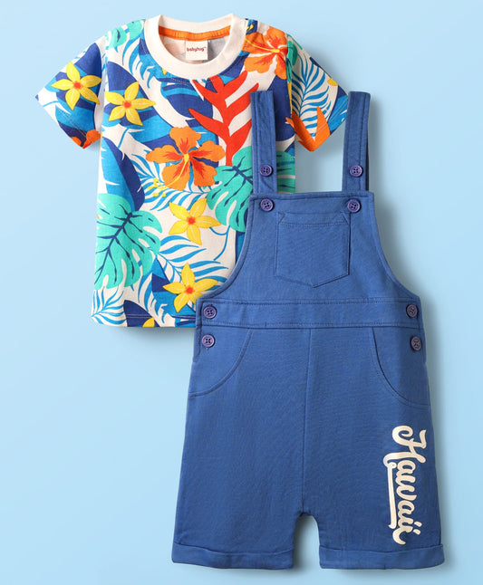 FirstCry Babyhug 100 Percent Cotton Single Jersey Knit Dungaree and Half Sleeves T-Shirt With Floral and Leaf Print Blue